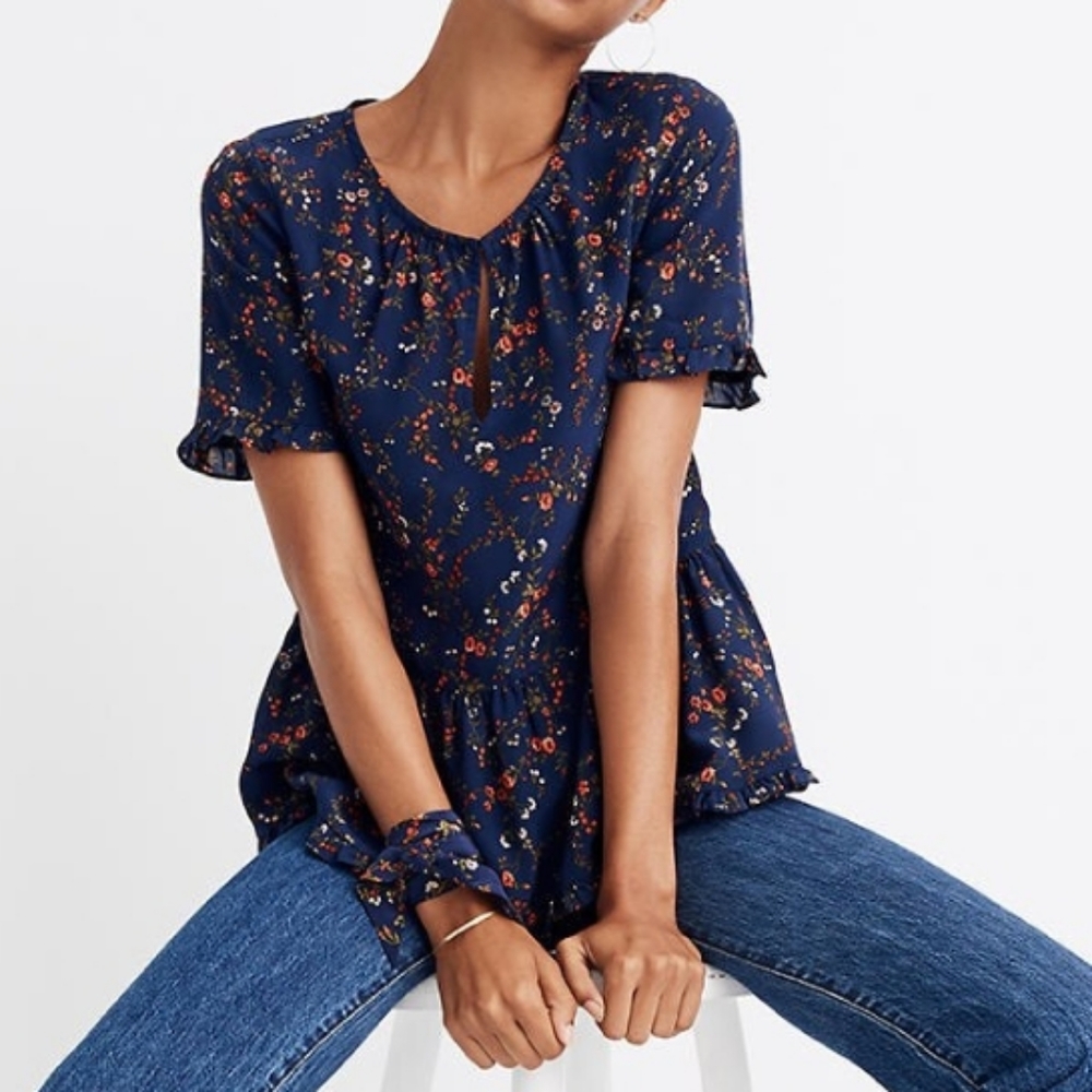 Madewell Navy Floral Peplum Short-Sleeve Top
